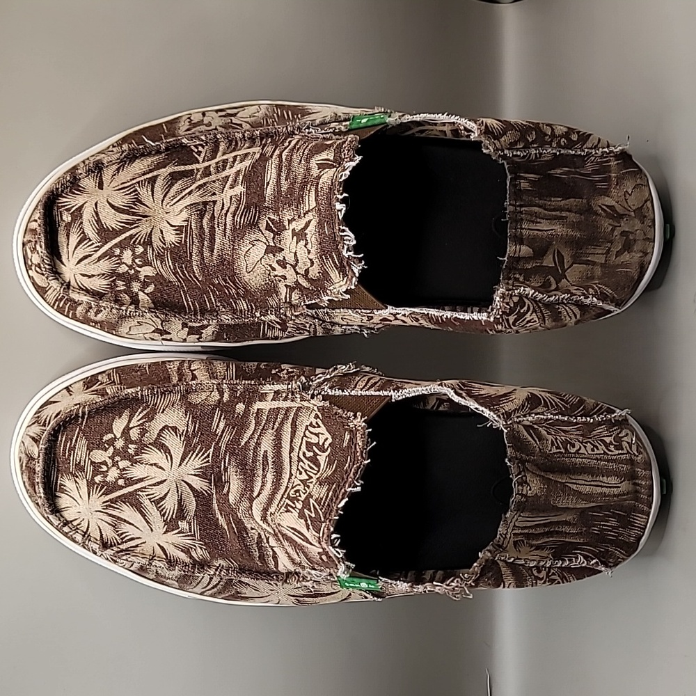 SANUK Sidewalk Surfers Shoes Men's Sz 9 Brown Frayed Palms Canvas Slip-On Beachy - Picture 5 of 10